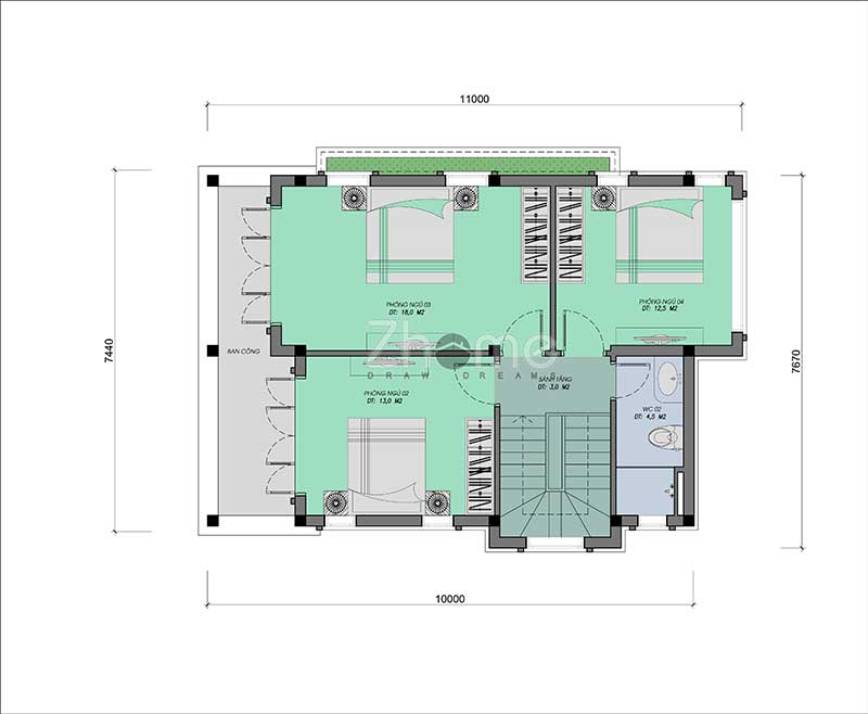 Phương án thiết kế nhà 2 tầng mái nhật đơn giản diện tích 80m2 ZH008