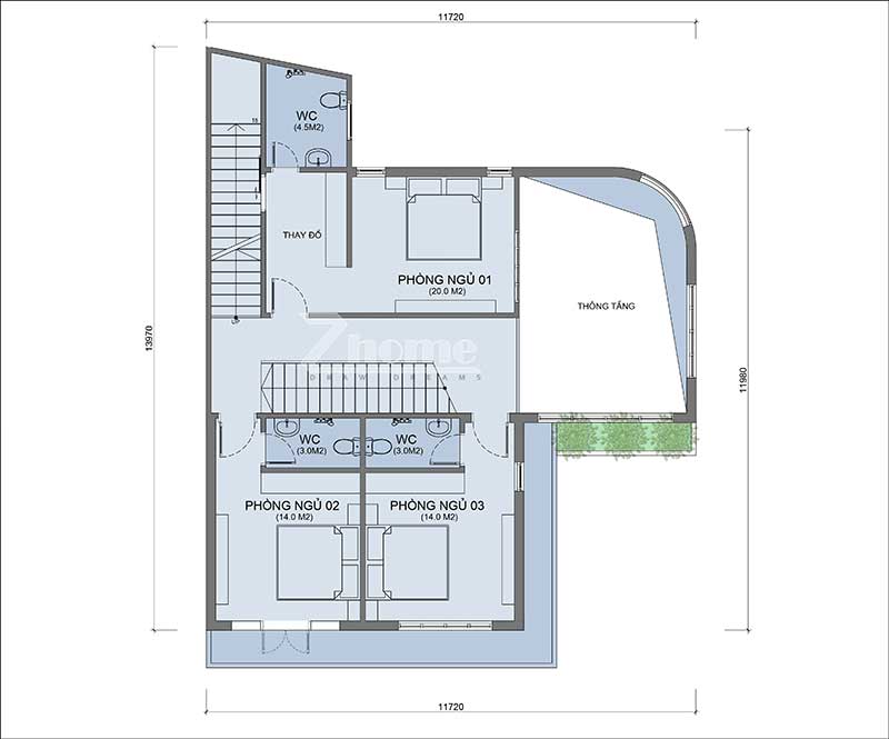 Phương án thiết kế biệt thự 3 tầng hiện đại mái bằng tại Hà Nội ZH019
