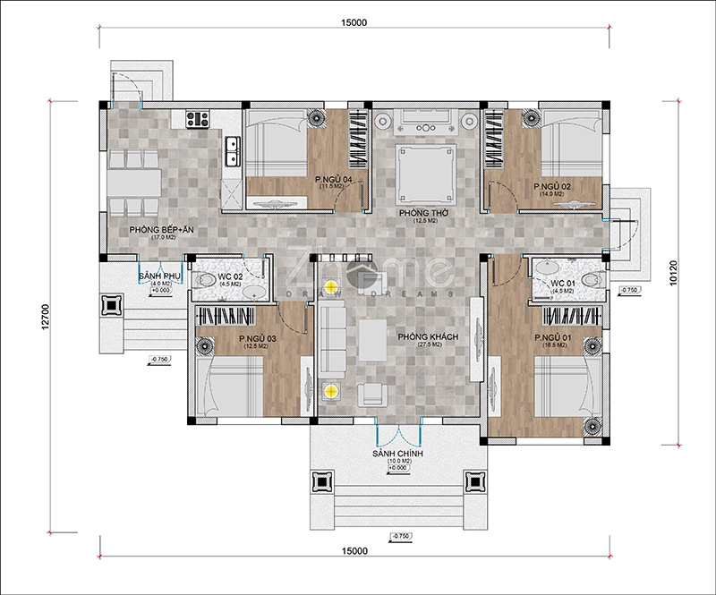 Tư vấn thiết kế nhà mái thái 1 tầng 4 phòng ngủ 1 phòng thờ 150m2 ZH064