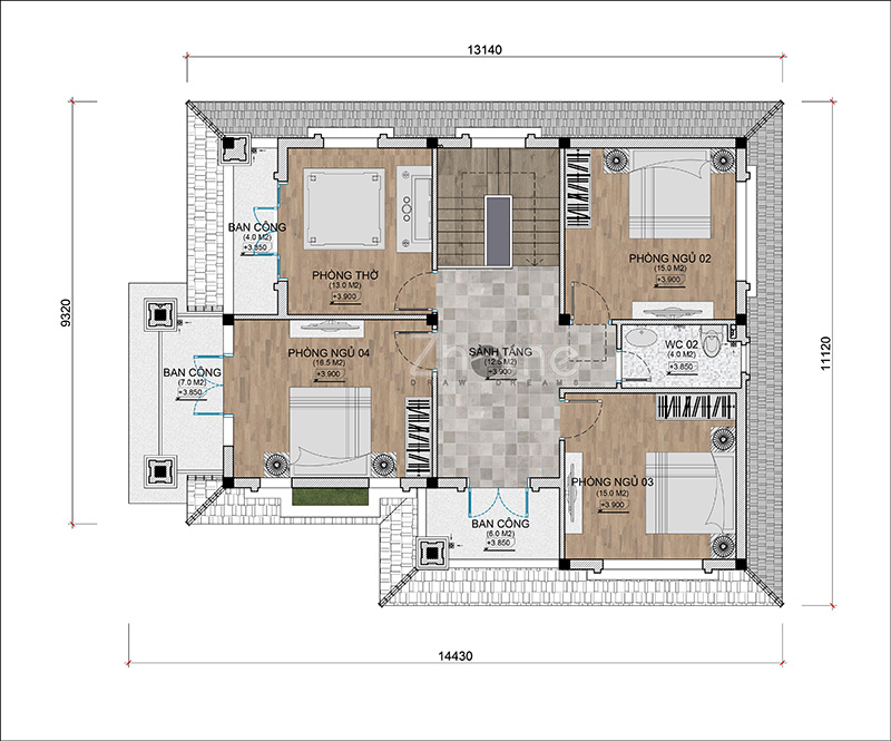 Mẫu thiết kế nhà biệt thự 2 tầng 2 mặt tiền 4 phòng ngủ ZH065