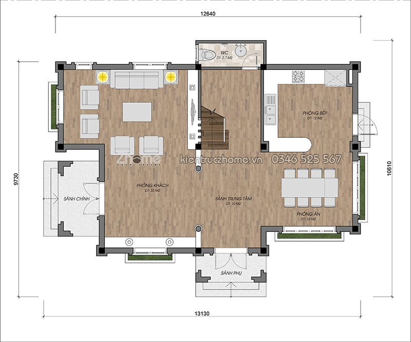 Thiết kế mẫu nhà biệt thự 3 tầng mái thái 4 phòng ngủ ZH084