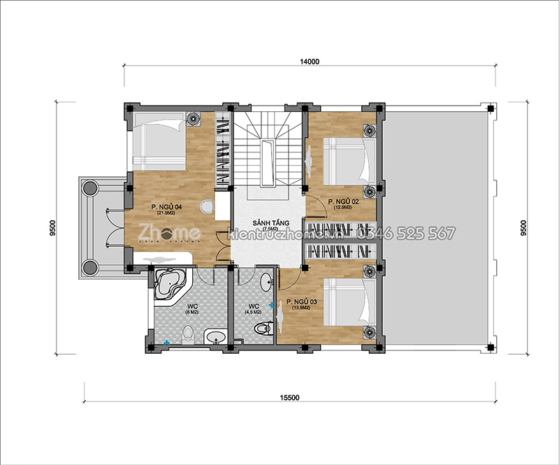 Tư vấn mẫu thiết kế nhà 2 tầng 130m2 mái thái đẹp ZH086